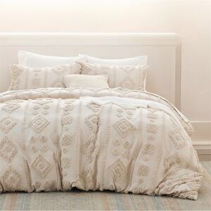 NEW Anthro Beige Cream Tufted Boho Queen / King Size Bedding Duvet & Sham Set